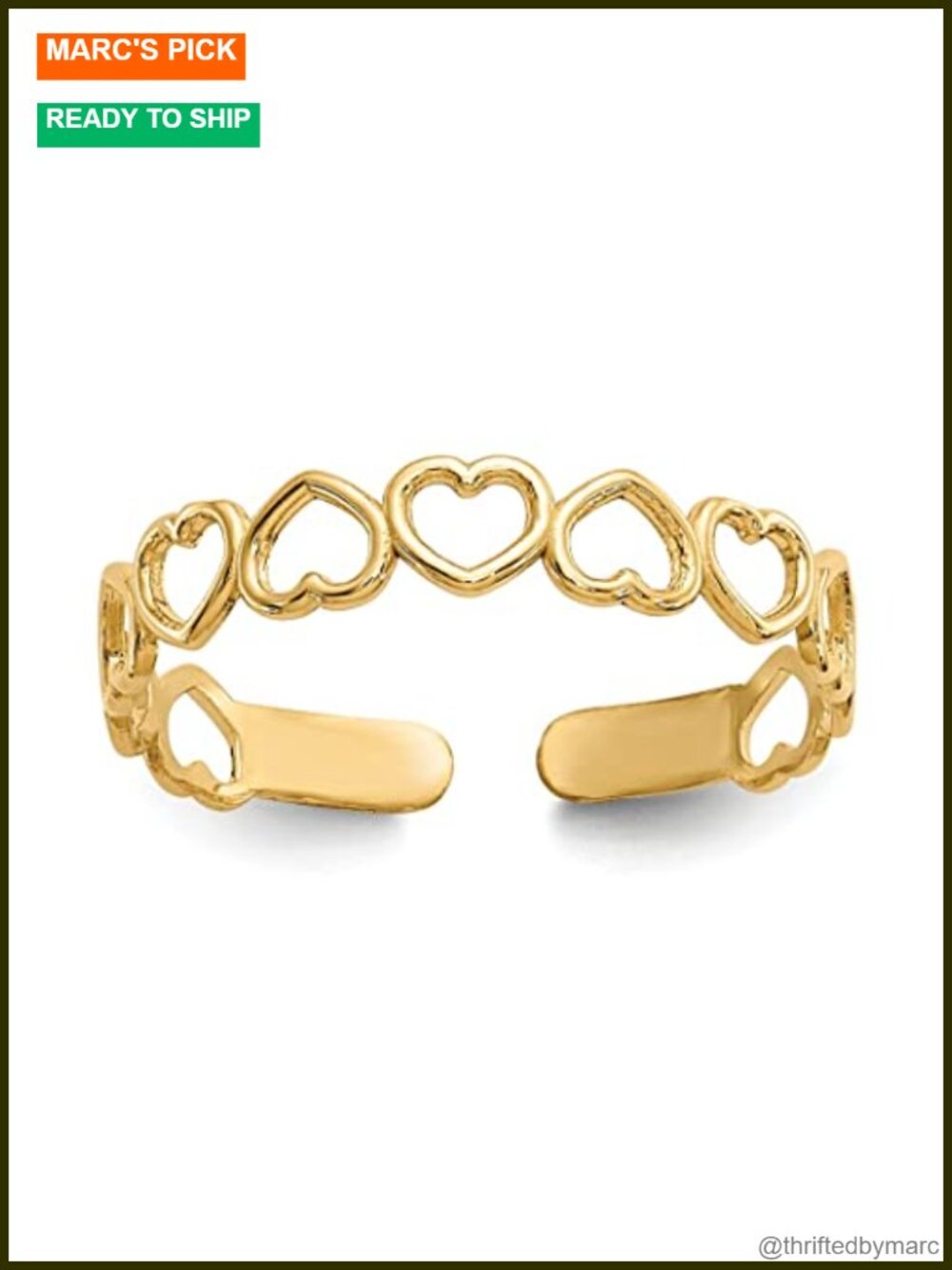 Solid 10k Gold Toe Ring - Adjustable Open Hearts